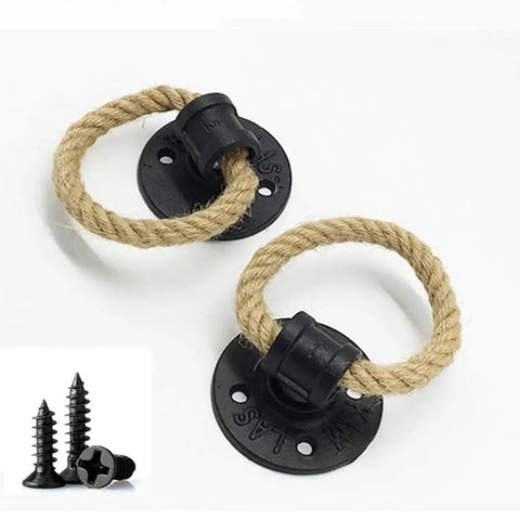 Rustic Metal Hemp Rope Barn Door Pull Handles Set Of 2 for indoor outdoor use with screws, farmhouse style, cast iron.