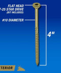 Go-To Exterior Wood Screws 4 Inch Size 10 By Bronze Deck Screw Set showing #10 diameter and flat head with T25 star drive.