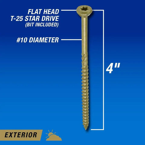 Go-To Exterior Wood Screws 4 Inch Size 10 By Bronze Deck Screw Set showing #10 diameter and flat head with T25 star drive.