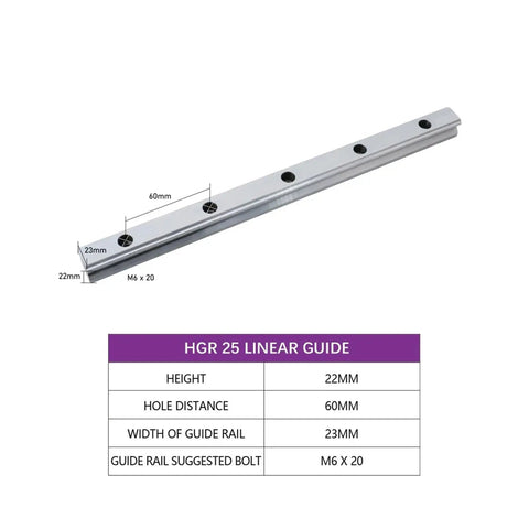 Smooth High Precision Linear Guide Rail Kit For CNC 250mm HGR25 Rails With Green Plugs Pre Drilled Support Bars Ideal For DIY Machines And Low Friction Motion Control Systems That Are Easy To Install And Built To Last. HGR25 rail with 22mm height and 60mm hole spacing
