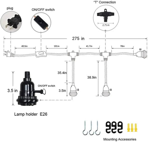 Diagram of Three Pendant Lights Kit With Plug In Hemp Rope Cord and Switch 22 Feet Long showing measurements and components.