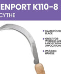 8 Inch Serrated Curved Blade Landscape Scythe With Wooden Handle, shown with carbon steel blade, for garden maintenance.