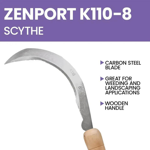 8 Inch Serrated Curved Blade Landscape Scythe With Wooden Handle, shown with carbon steel blade, for garden maintenance.