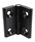 Close-up of black zinc alloy rotating concealed hinges for jewelry box cabinet drawer, mini butt hinge 60x60mm, 2pcs set.