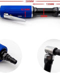Pro Level Air Die Grinder 90 Degree Angle Polishing Tool 18000 Rpm Pneumatic Engraving And Cutting Machine showing blue aluminum design and detailed measurements.
