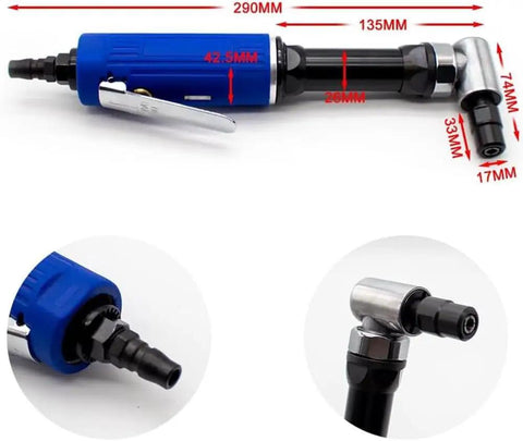 Pro Level Air Die Grinder 90 Degree Angle Polishing Tool 18000 Rpm Pneumatic Engraving And Cutting Machine showing blue aluminum design and detailed measurements.