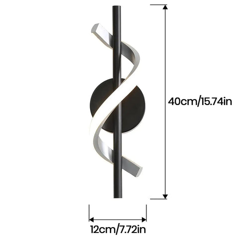 9W LED Wall Sconce With Aluminum Finish, ultra bright 1000 lumens 6000K cold white, black spiral design, dimensions shown