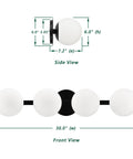 Sleek Matte Black Four Light Vanity Light Fixture With Opal Glass Globes dimensions, side and front view, for bathroom mirrors and vanities.