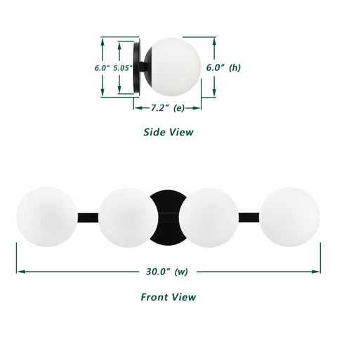 Sleek Matte Black Four Light Vanity Light Fixture With Opal Glass Globes dimensions, side and front view, for bathroom mirrors and vanities.