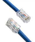 100 Pack Cat6 RJ45 Connectors For Solid And Stranded UTP Ethernet Cables Crimp On Ends, transparent, clear finish on blue cable