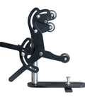 Side view of wood lathe steady rest with neoprene ball bearing wheels for vibration reduction lathe stabilizer center frame spindle.