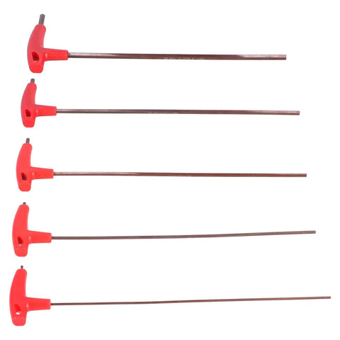 Rock Solid 5 Piece T Handle Hex Wrench Set Made From Tough S2 Alloy Steel With Ergonomic Flat Head Design Perfect For Tight Spots In Auto Maintenance, CNC Work, And Heavy Mechanical Repair Jobs Where Real Leverage Is Needed. five red T-handle hex wrenches