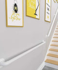 White Wrought Iron Stair Handrail With Heavy Duty Rust Proof Mounting Brackets For Indoor Outdoor Mobility Safety Grab Bar mounted beside stairs.