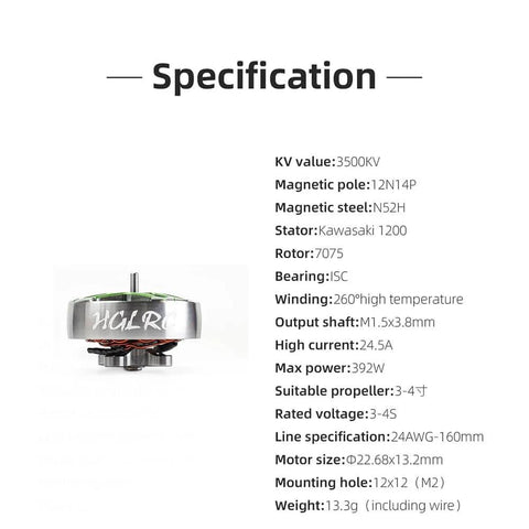 Specter 1804-3500KV 4S Brushless Motor specifications and side view for 3-3.5 inch FPV freestyle drones