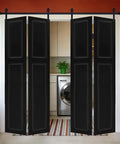 Heavy Duty Barn Door Hardware Kit With Slick Rolling Tracks For Closets And Laundry Rooms Compact Bi Fold Design fits 4 black doors.