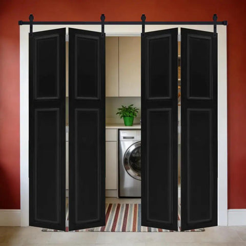 Heavy Duty Barn Door Hardware Kit With Slick Rolling Tracks For Closets And Laundry Rooms Compact Bi Fold Design fits 4 black doors.