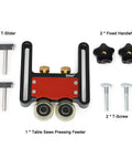 Heavy Duty Aluminum Alloy Table Saw Feeding Roller Guide With Ball Bearings For T Track Woodworking Fences showing components and accessories.
