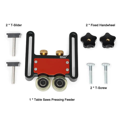 Heavy Duty Aluminum Alloy Table Saw Feeding Roller Guide With Ball Bearings For T Track Woodworking Fences showing components and accessories.