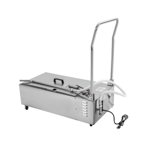 Slick Rolling Commercial Fryer Oil Filter Machine Cart With Four Swivel Wheels And A Massive Fifteen Gallon Tank, stainless steel design.