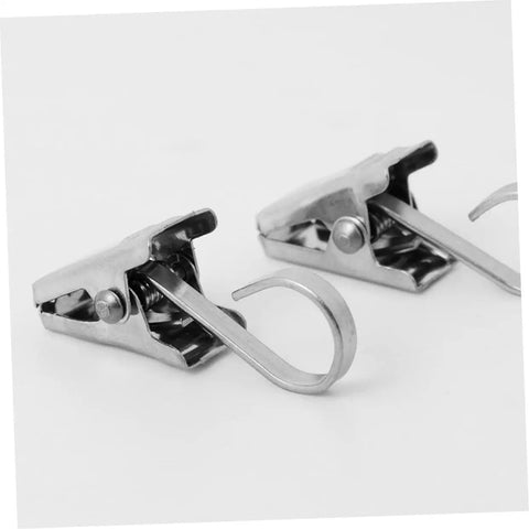 Close-up of Stainless Steel Curtain Clips Hooks 30 Piece Set for Easy Hanging of Draperies, durable, heavy duty, smooth glide.