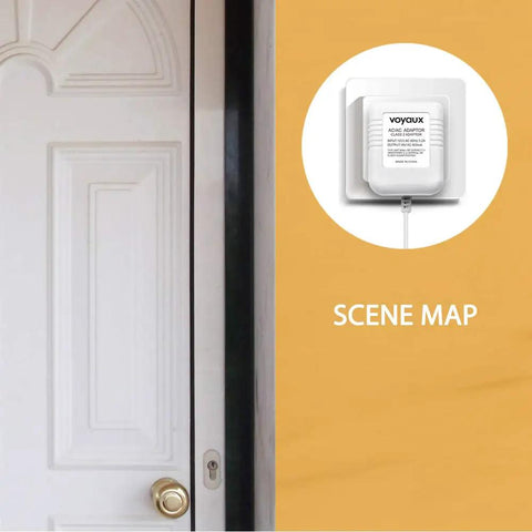 Universal 18V 800mA Doorbell Transformer Power Adapter with scene map next to door setup for video doorbells