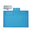 Pro Level Silicone Workbench Mat Featuring a Rock Solid Magnetic Surface and Smart 10 Slot Organizer Perfect for Soldering Phone Fixing and Lock Picking Practices Hella Heat Resistant 17.7 x 11.8 Inch in blue with slots and a organizer.