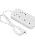 Smart Power Strip Featuring Voice Control And Four Usb Ports Tuya App Integration close-up view of white power strip with four USB ports and sockets.