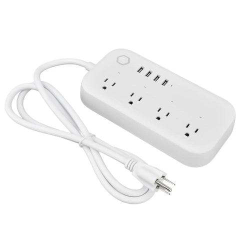 Smart Power Strip Featuring Voice Control And Four Usb Ports Tuya App Integration close-up view of white power strip with four USB ports and sockets.