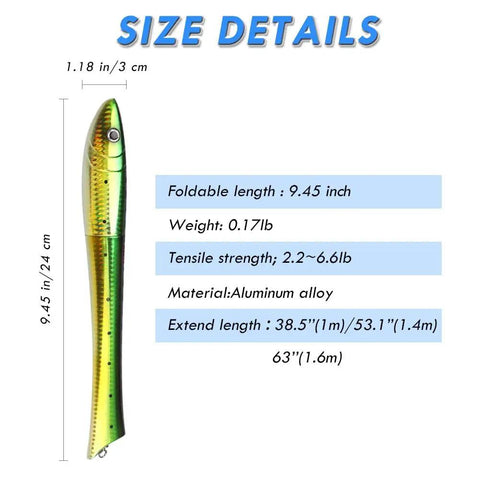 Dimensions and size details of Pen Sized 55 Inch Mini Pocket Fishing Pole Travel Rod Set For Ice Fly Sea Saltwater And Freshwater Grab And Go Portable Collapsible Aluminum Rod And Reel Combo Ready To Fish.