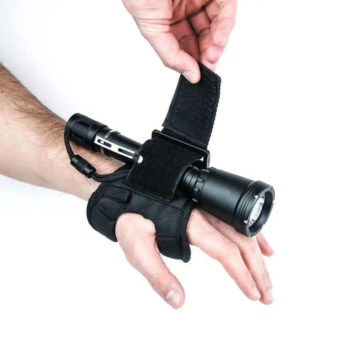 Person wearing Waterproof Diving Flashlight Arm Strap And Wrist Holster With Universal Adjustable Soft Mount Neoprene Glove Mount