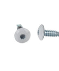 Self Tapping Screws For Cargo Trailers And Enclosed Trailers Zinc Truss Head Sheet Metal Screws Size Ten Length Three Quarters Inch White Exterior Fasteners 150 Pack Square Bit Compatible, close-up of two screws showing truss head and threading.