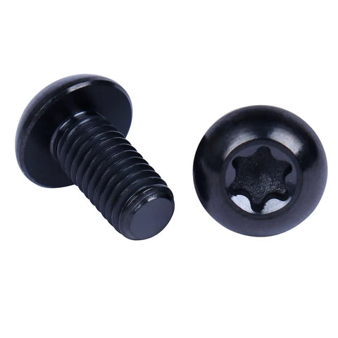 Two M5x10mm Torx T25 head titanium disc brake rotor bolts, Grade Five, black finish, for premium bicycle hardware upgrade.