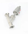 Tri Clamp Y Shaped 304 Stainless Steel Pneumatic Actuated Angle Valve For Steam Gas Oil Water, From DN15 To DN50 Size Range, BSPT Connection, Dual Stainless Steel Body For Industrial Piping, angled view