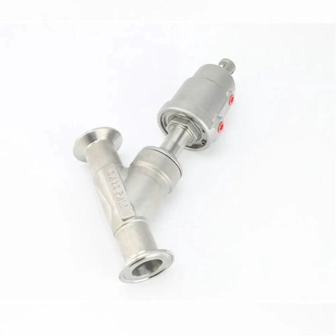 Tri Clamp Y Shaped 304 Stainless Steel Pneumatic Actuated Angle Valve For Steam Gas Oil Water, From DN15 To DN50 Size Range, BSPT Connection, Dual Stainless Steel Body For Industrial Piping, angled view