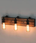 Rustic Wood And Oil Rubbed Metal Vanity Lights Farmhouse Wall Sconces With Adjustable Sockets for Over Mirrors, warm glow view