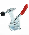 Four Pack Stainless Steel Mold Quick Clamps And Toggle Clips For Welding Workshop Use with red handle visible