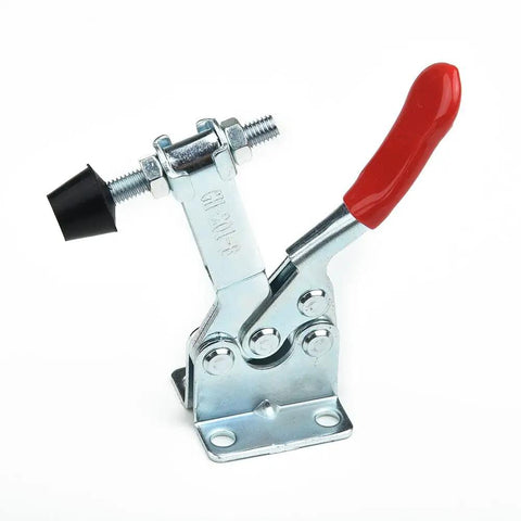 Four Pack Stainless Steel Mold Quick Clamps And Toggle Clips For Welding Workshop Use with red handle visible