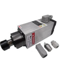 4.5KW 6HP ER32 220V Air Cooled Spindle Motor with High Precision and Four Ceramic Bearings for CNC Router Wood Carving Heavy Duty Workhorse, showing components and warning labels.