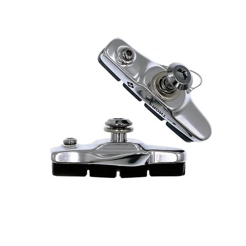 Two Pairs 55mm Road Bike Brake Shoes With Lightweight Alloy Holder For No Fuss Install, Durable Brake Pads For Caliper Brakes, Compatible With Shimano SRAM Tekto And Other Brands, Ideal For Road, Hybrid, And Commuter Bikes displayed.