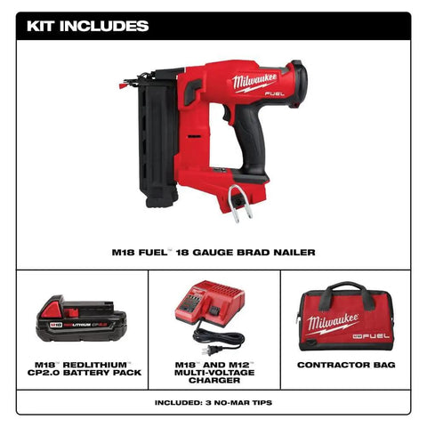 18 Gauge Brad Nailer With Zero Ramp Up Time Instant Fire shown with battery, charger, and red contractor bag