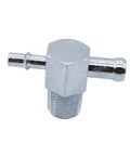 Automotive vacuum tee fitting, steel zinc-plated, 3/8 in NPT thread, with 1/4 in and 3/8 in barbed nipples