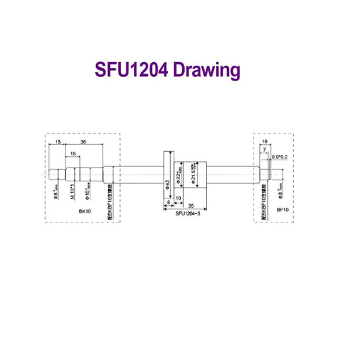 Super Cool SFU1204 Ballscrew Kit With 300mm Rod Dia 12mm Pitch 4mm C7 Grade Plus Single Ball Nut And BF10 HM10 DSG12H Coupler For CNC Build drawing