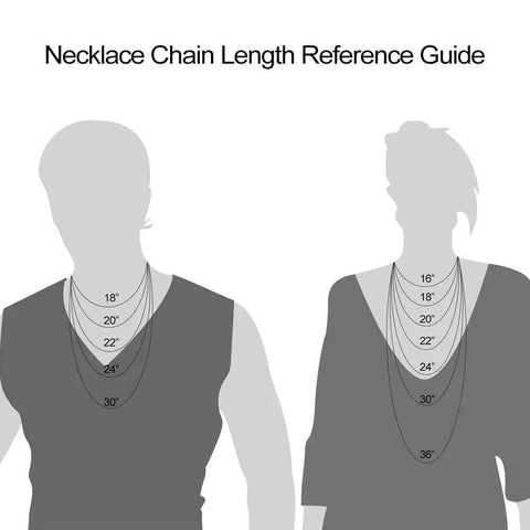 Necklace chain length reference guide with male and female silhouettes showing various chain lengths from 14 to 36 inches.