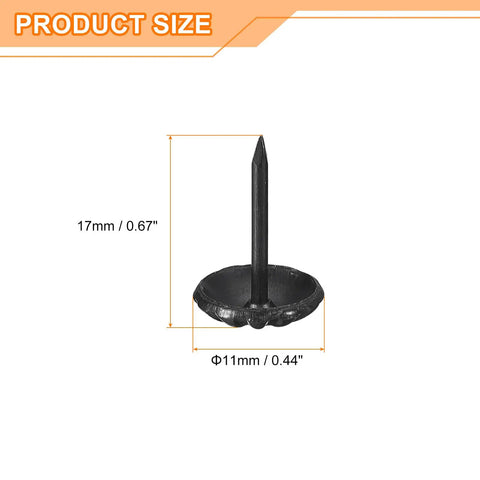 Top Tier Black Upholstery Tack Nail Pins Heavy Carbon Steel Furniture Repair Kit 50 Piece viewed from the side, measuring 17mm by 11mm.