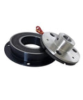Front view of a 24V DC electromagnetic brake clutch with black housing and silver mounting flange