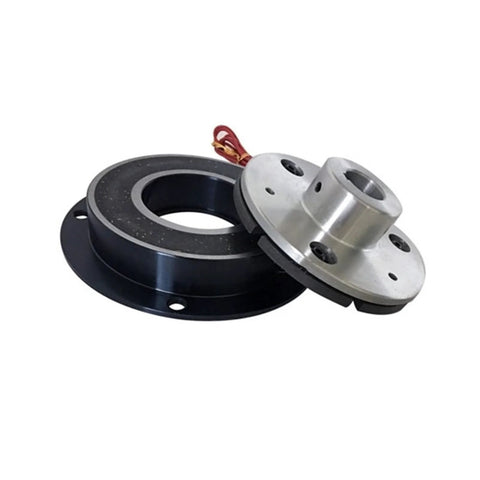 Front view of a 24V DC electromagnetic brake clutch with black housing and silver mounting flange
