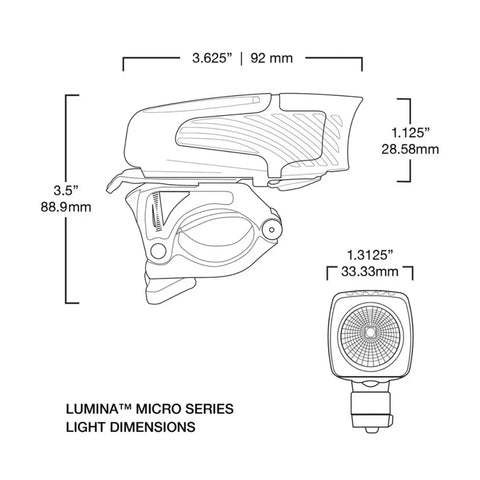 Micro 900 Front Bike Light LED USB Rechargeable Water Resistant For Mountain Road City And Urban Cycling, side dimensions.