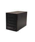 Rock Solid USB C External Storage 4 Bay Sata Hdd Ssd Enclosure with black casing and four drive bays for heavy duty file backup.