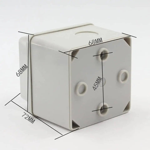 Changeover Selector Switch With Waterproof Box Dual Power 3 Position 4 Terminals Power Transfer For Motors Water Pumps And Generators Rotary Cam 440V 20A LW26-20/1 in white PC enclosure measured dimensions 68mm x 68mm x 72mm, shown close-up.