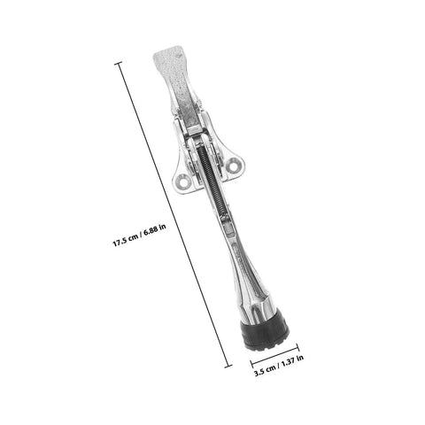 Heavy Duty Zinc Alloy Kickdown Door Stopper With Rubber Tip And Floor Grip Adjustable Drop Door Holder For No Slam Propping Open Doors In Silver Finish For Home And Office, showing dimensions.